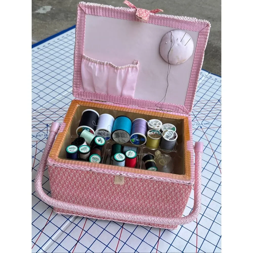 $$ VTG Pink Floral Sewing Basket Box Filled Sewing Kit Wood Base Cottagecore